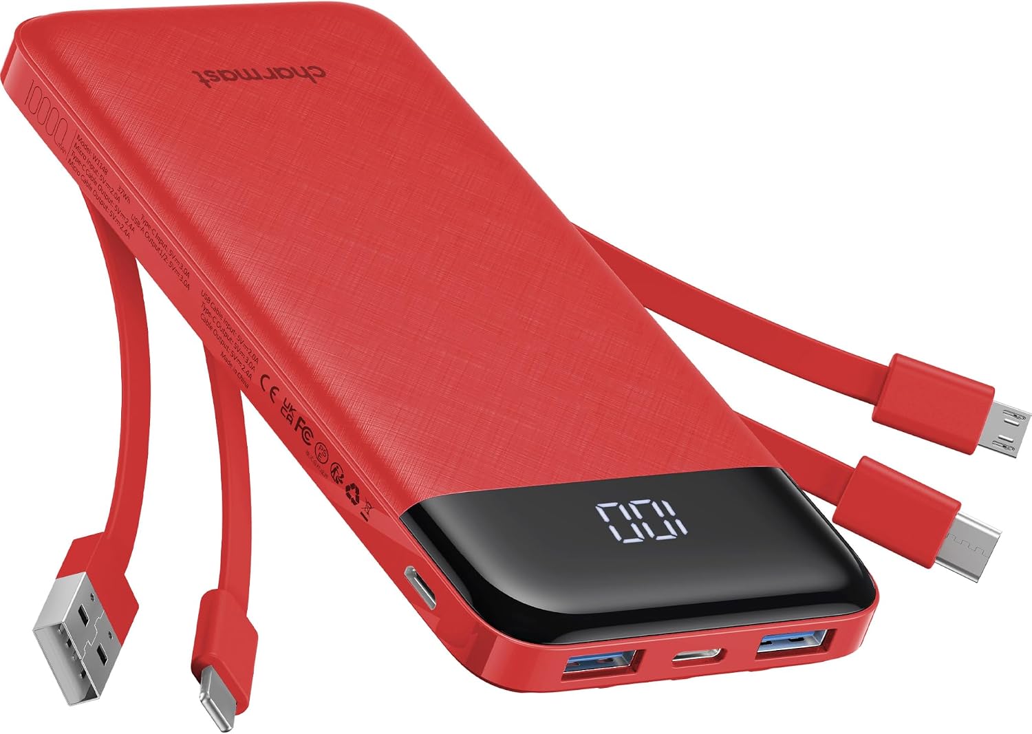 charmast Portable Charger with Built-in Cables X 4, Portable Phone Charger | 10000mAh USB C Battery Pack for All Phones Tablets,Cables Reinforced,Charge 6 Devices at Once,for Women Teens Students