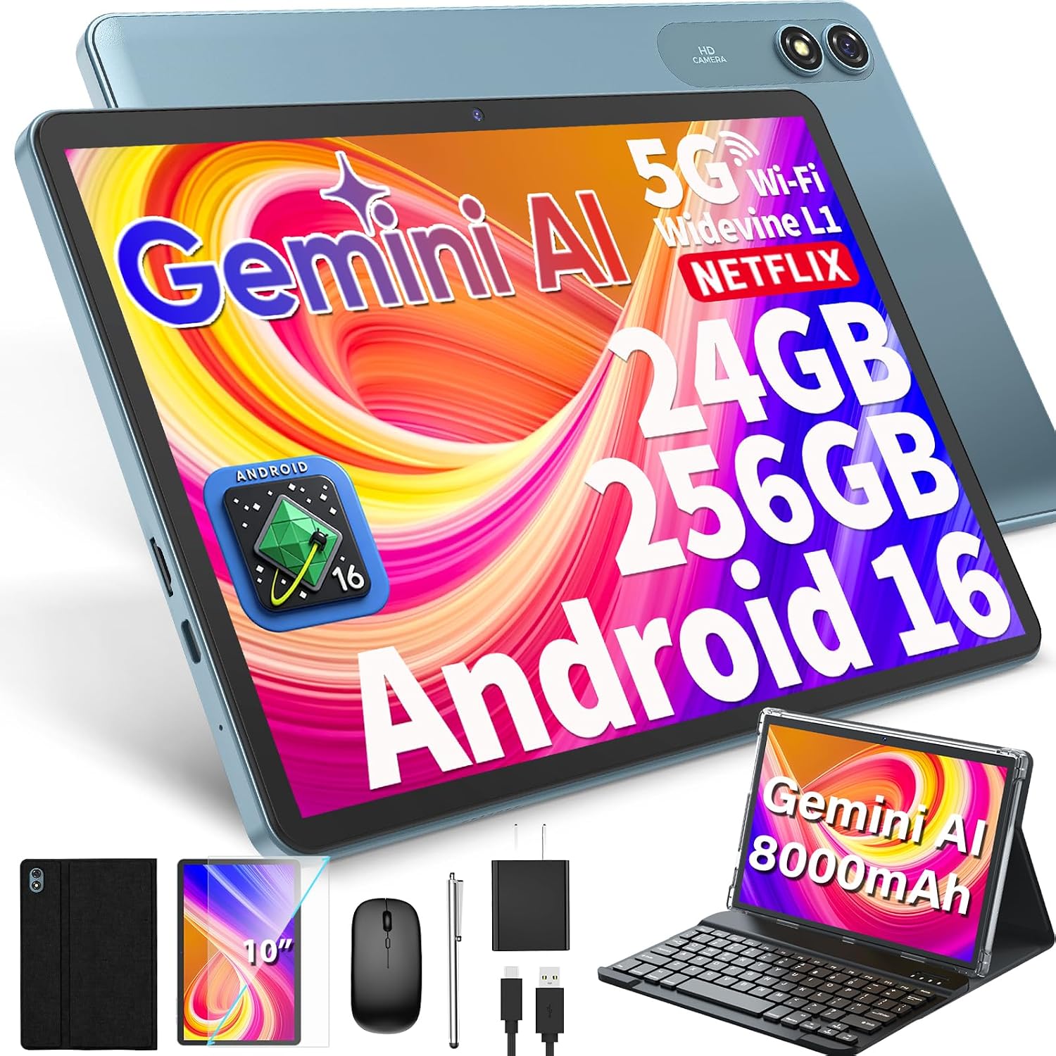 10 inch Tablet with Keyboard - Android 16 Tablet with 24GB+256GB+2TB Expand | 2026 Gemini AI Tablet PC with 8-Core, 5G WiFi, 8000mAh, GMS, GPS, 2-in-1 Electronic Tablet with Case, Mouse, Stylus (Black)