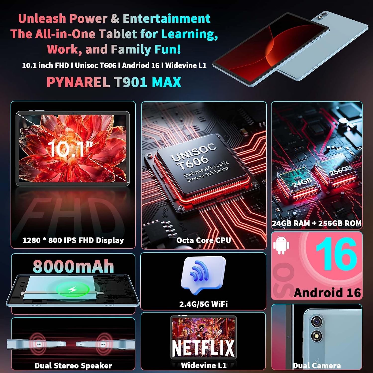 10 inch Tablet with Keyboard - Android 16 Tablet with 24GB+256GB+2TB Expand | 2026 Gemini AI Tablet PC with 8-Core, 5G WiFi, 8000mAh, GMS, GPS, 2-in-1 Electronic Tablet with Case, Mouse, Stylus (Black) - Image 2