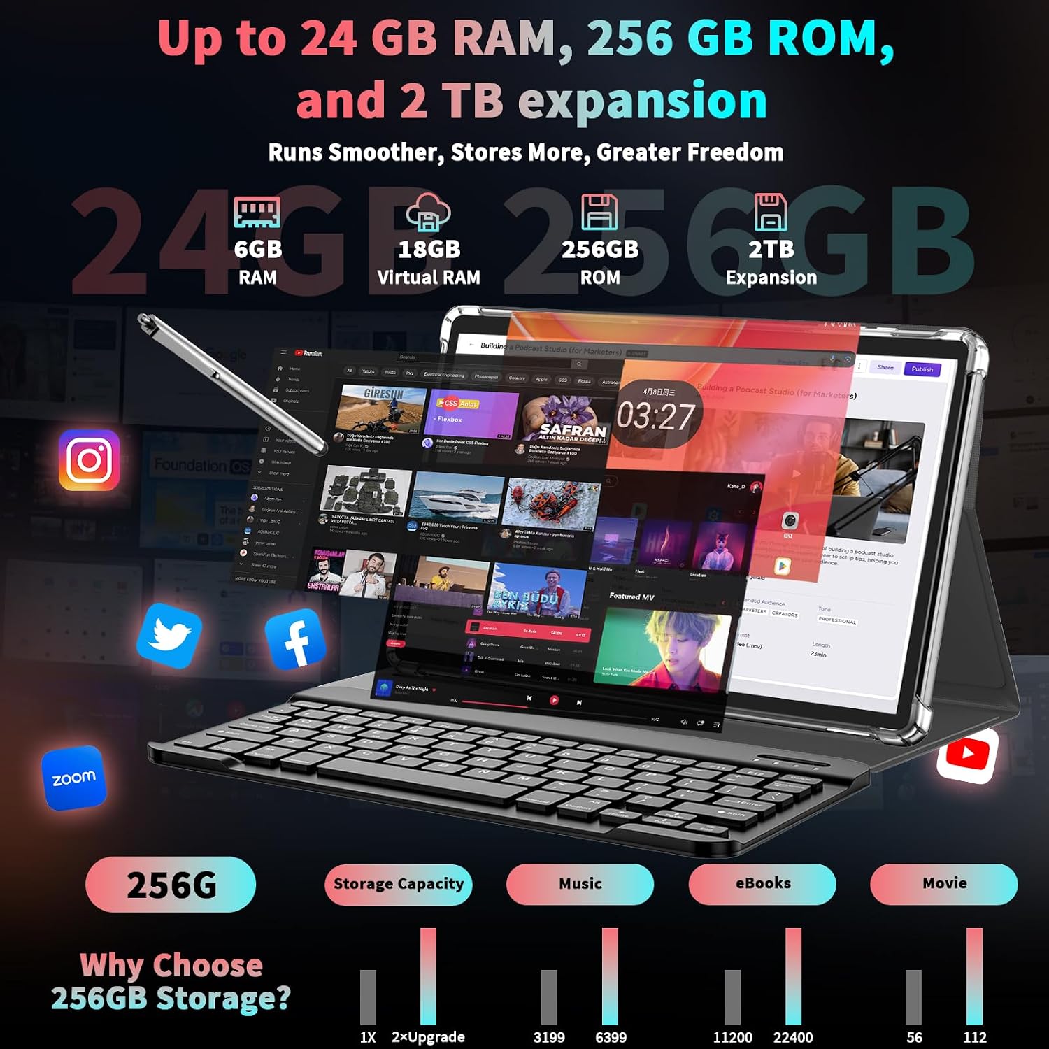 10 inch Tablet with Keyboard - Android 16 Tablet with 24GB+256GB+2TB Expand | 2026 Gemini AI Tablet PC with 8-Core, 5G WiFi, 8000mAh, GMS, GPS, 2-in-1 Electronic Tablet with Case, Mouse, Stylus (Black) - Image 3